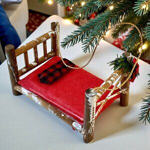 Christmas Ornament Handcrafted Hanging Wooded Bed Retro